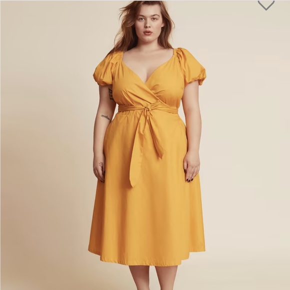 11 Honore Collection Yasmin Wrap Dress Yellow Puff Sleeves Cotton Size 16 - Picture 1 of 12